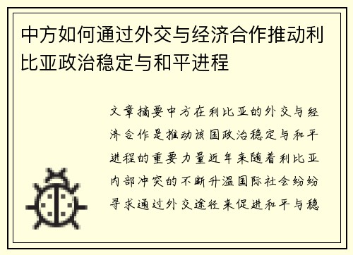 中方如何通过外交与经济合作推动利比亚政治稳定与和平进程