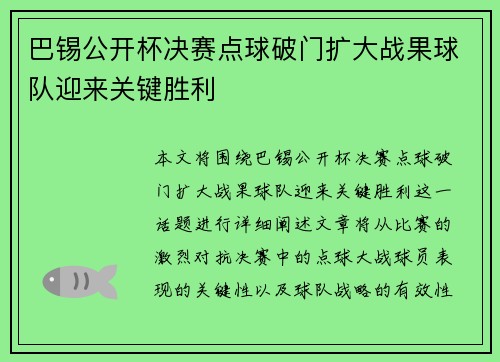 巴锡公开杯决赛点球破门扩大战果球队迎来关键胜利 巴锡公开杯决赛点球破门扩大战果球队迎来关键胜利