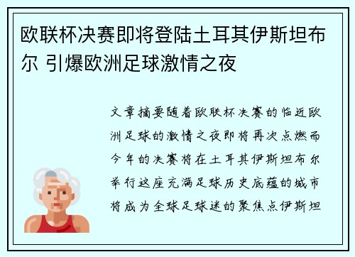 欧联杯决赛即将登陆土耳其伊斯坦布尔 引爆欧洲足球激情之夜 欧联杯决赛即将登陆土耳其伊斯坦布尔 引爆欧洲足球激情之夜